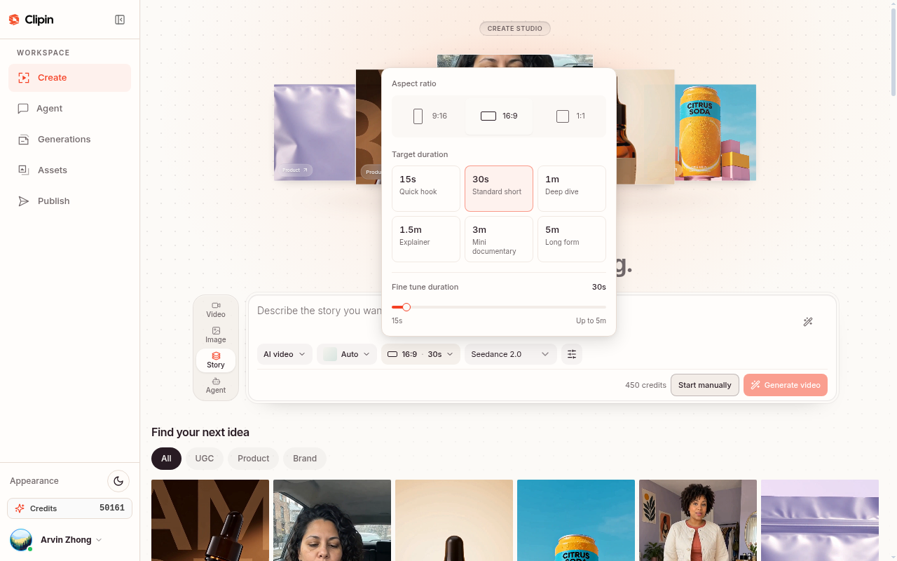 Create Story — duration chips and fine-tune