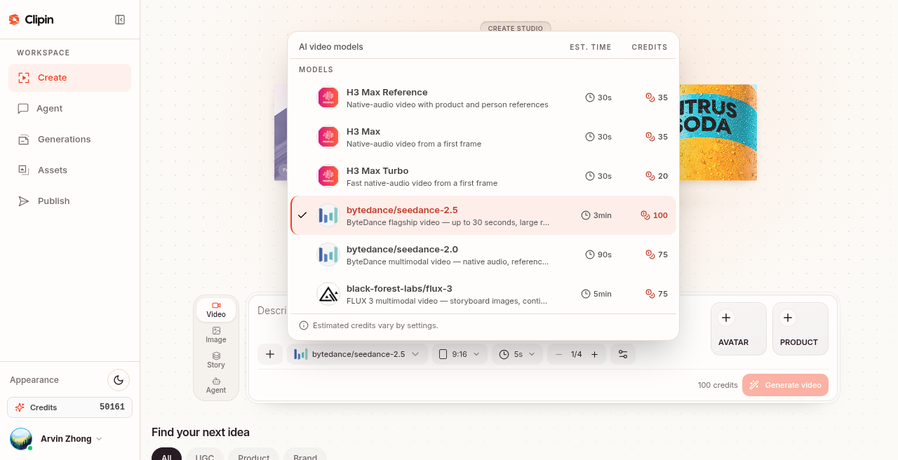 Create Video — model picker (Seedance 2.5 up to 30s)