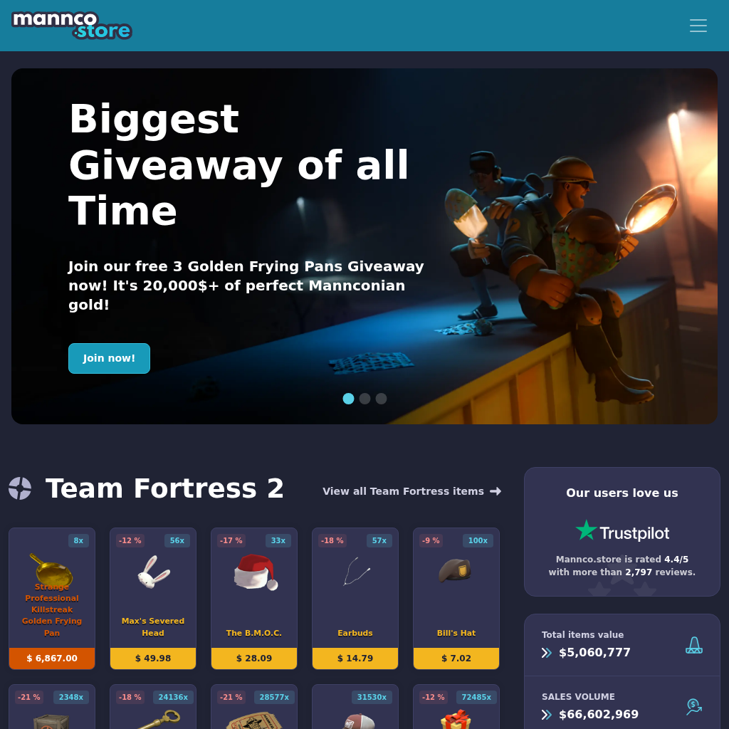 Buy & Sell TF2, CS:GO, Dota 2 and Rust Skins | Mannco.store