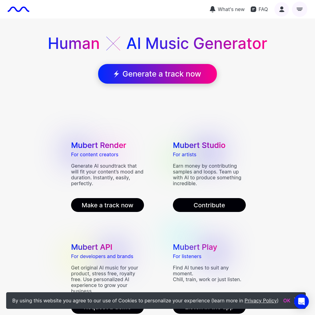 Mubert - Thousands of Staff-Picked Royalty-Free Music Tracks for Streaming, Videos, Podcasts, Commercial Use and Online Content