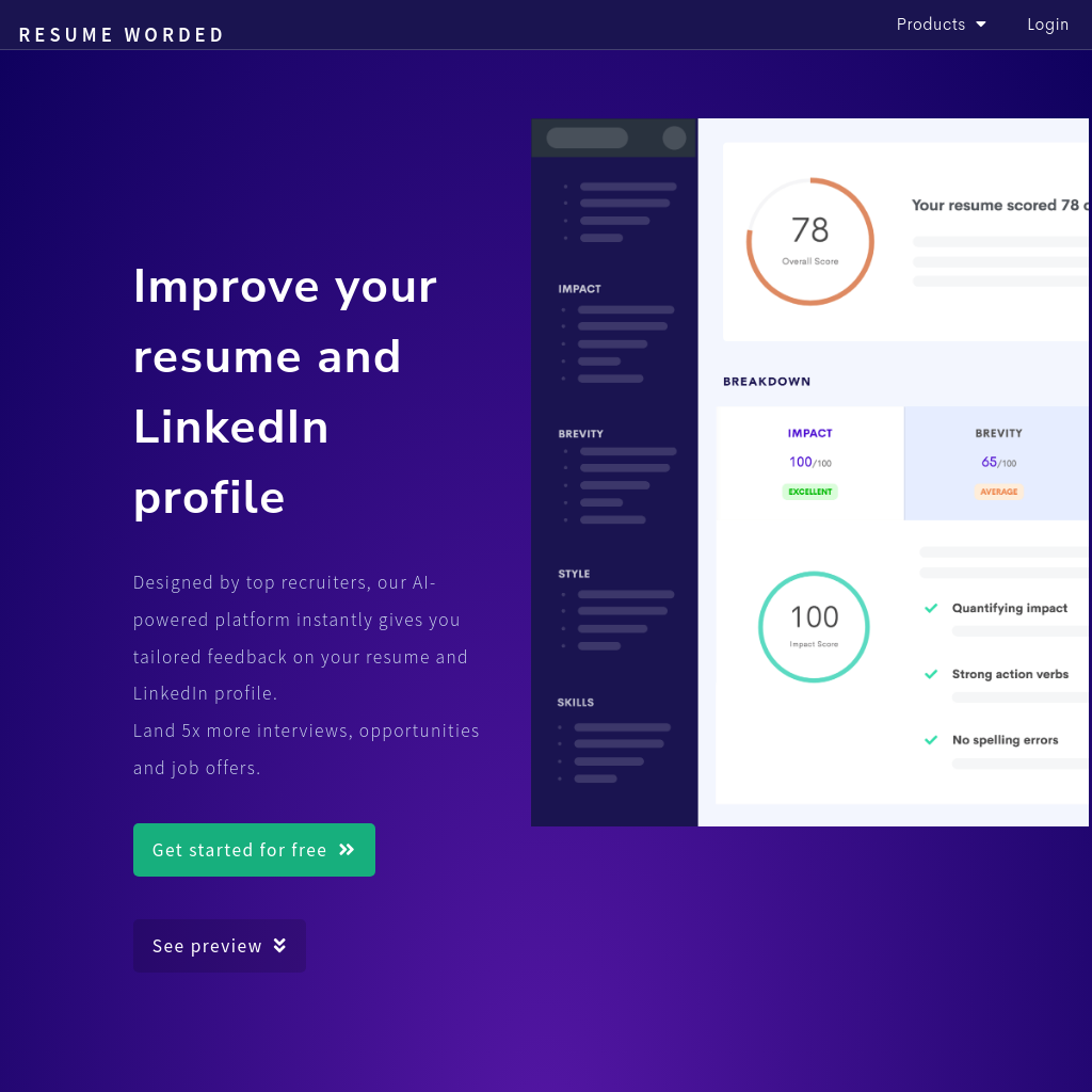 Resume Worded - Free instant feedback on your resume and LinkedIn profileResume Score - Instant Resume ReviewOur resume grader checks your resume for criteria recruiters are looking forPersonalised feedback from our resume grader