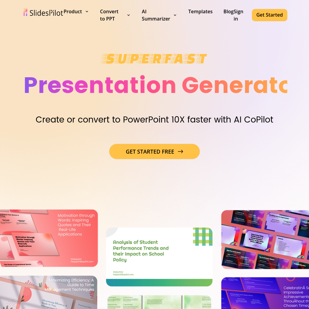 AI Presentation Generator - PPT Maker, AI Image & Copilot, PDF & Word to PPT, Free PowerPoint & Google Slides Templates | SlidesPilot