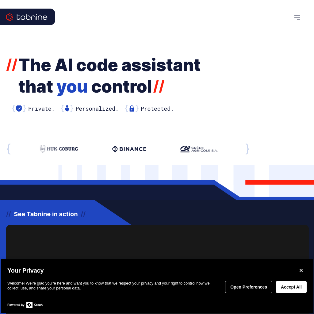 Tabnine AI code assistant | Private, personalized, protected