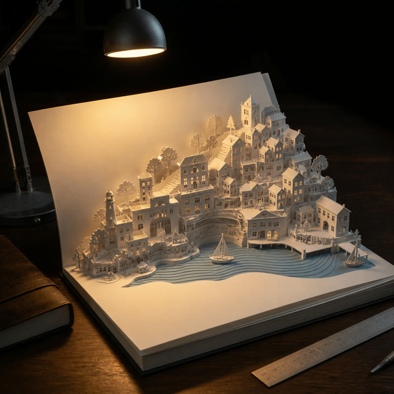 Paper coastal city unfolding from a sketchbook