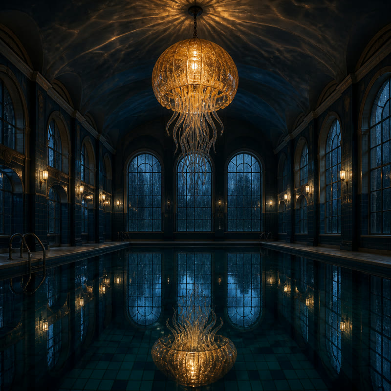 Amber light floating above midnight-blue water