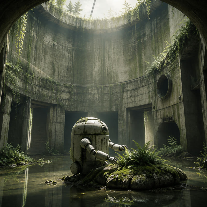 Robot tending ferns in an abandoned reservoir