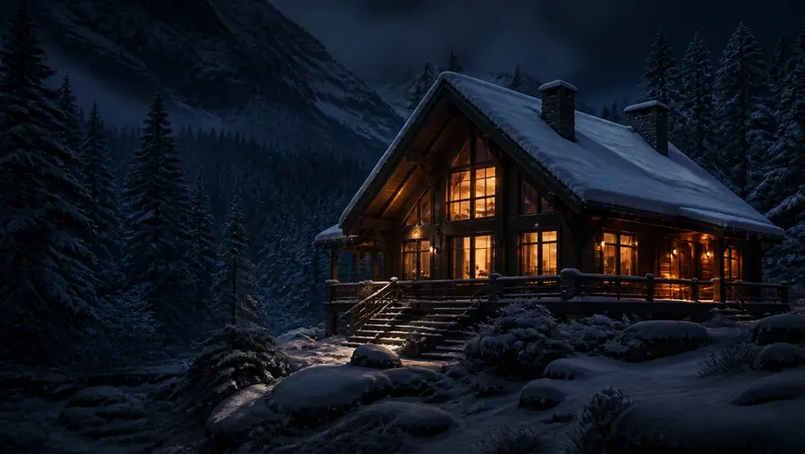 Warm cabin in a snowy mountain forest