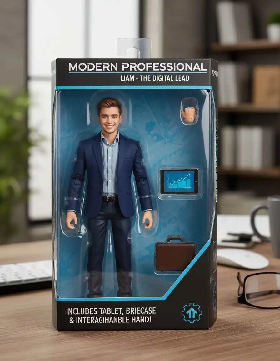 Designer action figure packaging prompt example